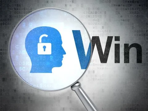 Finance concept: Head With Padlock and Win with optical glass Illustrazione stock
