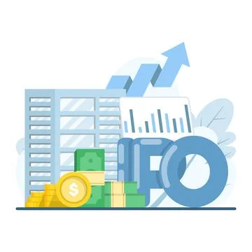 Finance concept illustration, Initial Public Offering IPO with office building. Illustrazione stock