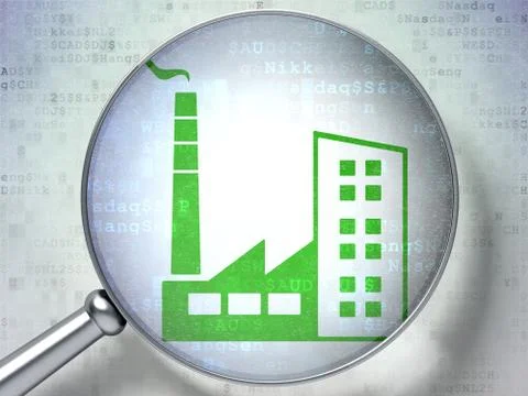 Finance concept: Industry Building with optical glass on digital background Ilustración de archivo