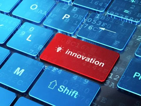 Finance concept: Light Bulb and Innovation on computer keyboard background Illustrazione stock