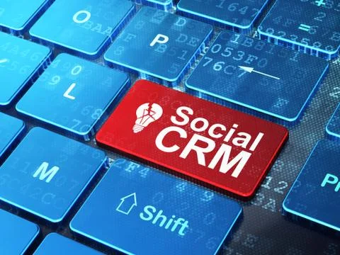Finance concept: Light Bulb and Social CRM on computer keyboard background イラスト素材