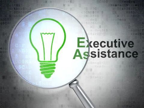 Finance concept: Light Bulb and Executive Assistance with optical glass Illustrazione stock