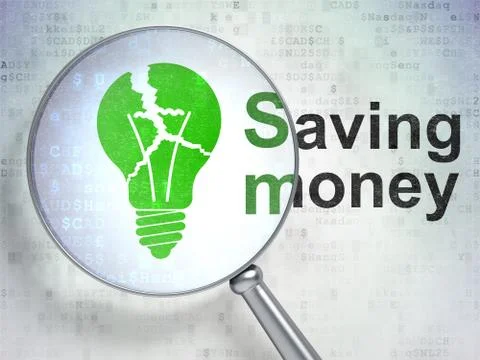 Finance concept: Light Bulb and Saving Money with optical glass Stock Illustration