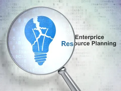 Finance concept: Light Bulb and Enterprice Resource Planning with optical glass Illustrazione stock