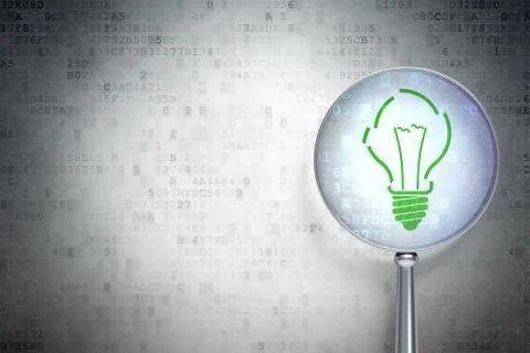 Finance concept: Light Bulb with optical glass on digital background Иллюстрация