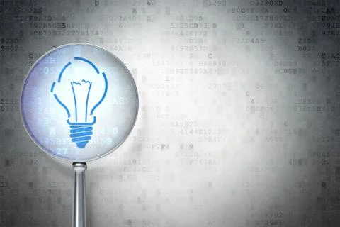 Finance concept: Light Bulb with optical glass on background Illustrazione stock