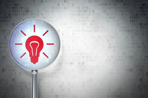 Finance concept: Light Bulb with optical glass on digital backg Illustrazione stock