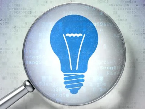 Finance concept: Light Bulb with optical glass on digital backg Иллюстрация