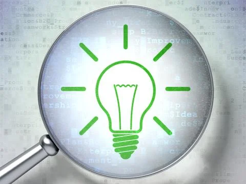 Finance concept: Light Bulb with optical glass on digital background Иллюстрация