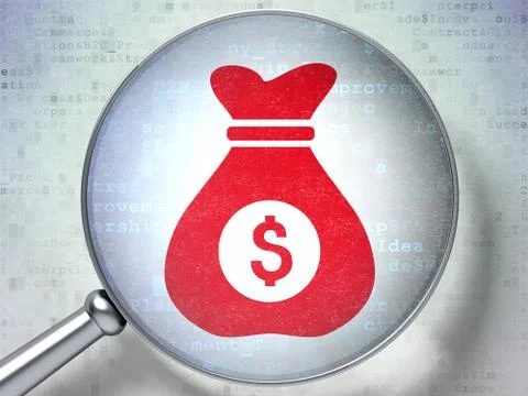 Finance concept: Money Bag with optical glass on digital background 스톡 일러스트