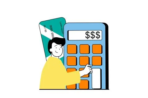 Finance concept with people scene in flat web design. Man calculating his ear Stock Illustration