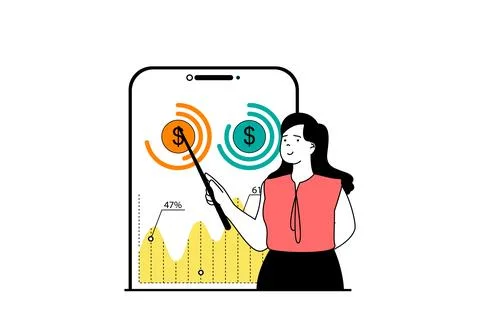 Finance concept with people scene in flat web design. Woman manages financial Stock Illustration