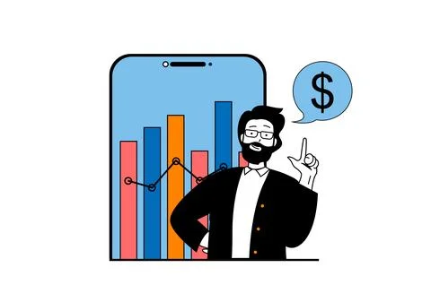 Finance concept with people scene in flat web design. Man manages balance and Stock Illustration