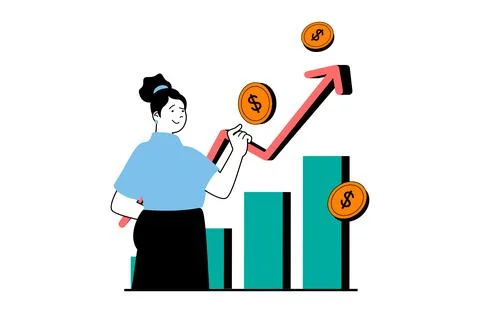 Finance concept with people scene in flat web design. Woman developing financ Stock Illustration