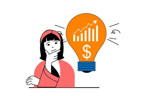 Finance concept with people scene in flat web design. Woman brainstorming and Stock Illustration