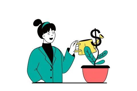 Finance concept with people scene in flat web design. Woman growing her finan Illustrazione stock