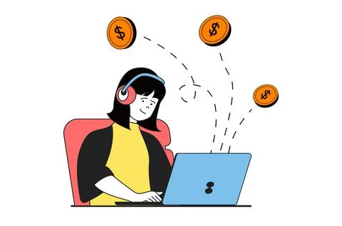Finance concept with people scene in flat web design. Woman working online an Stock Illustration
