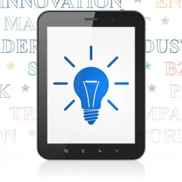 Finance concept: Tablet Computer with Light Bulb on display Illustrazione stock
