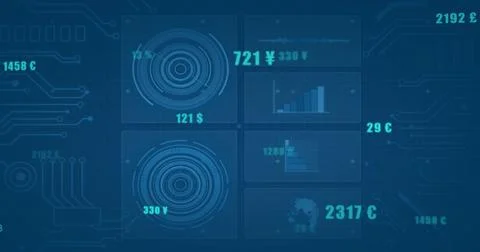 Finance dashboard displaying four panels in digital interface, with gauge and 스톡 일러스트