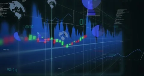 Finance dashboard evolving from blue wave pulsing adding price bars and pie 스톡 동영상 329471599