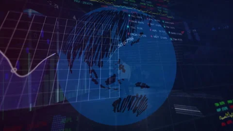 Finance dashboard initiating globe rotation and rising grid plane while data Video stock 310318913