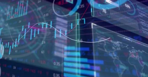 Finance dashboard receiving feed, sweeping lines, moving candles, revealing Stock Illustration