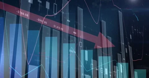 Finance dashboard showing downward red arrow over bar charts, candlesticks, line Stock Footage 328015865