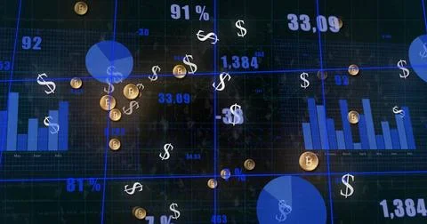 Finance dashboard on update showing floating dollar crypto coins over charts Stock Illustration