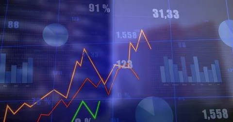 Finance dashboard updating from live feed, reflecting hand while lines rising, Stock Illustration