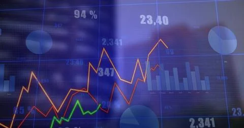 Finance dashboard updating from live feed, reflecting hand while lines rising, Stock Illustration