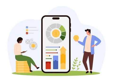 Finance data analysis and company analytics with mobile app, tiny people invest Illustrazione stock