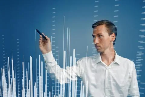 Finance data concept. Man working with Analytics. Chart graph information on Stock Photos
