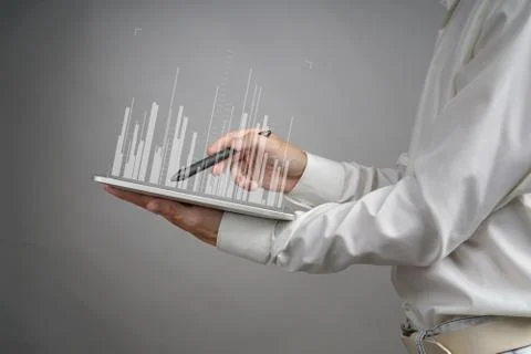 Finance data concept. Man working with Analytics. Chart graph information on Stock Photos
