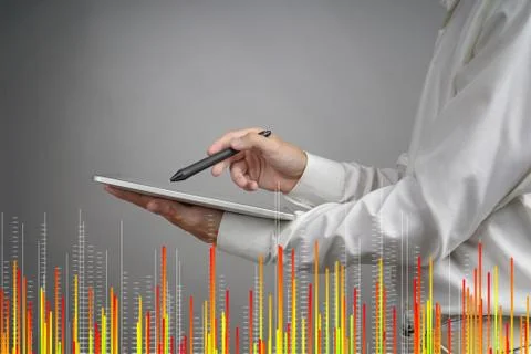 Finance data concept. Man working with Analytics. Chart graph information on Stock Photos