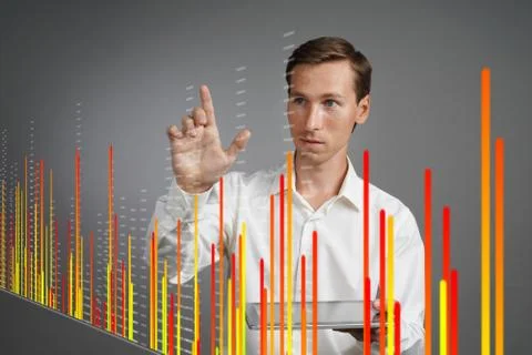 Finance data concept. Man working with Analytics. Chart graph information on Stock Photos