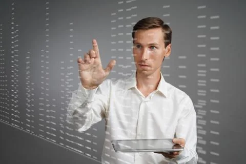 Finance data concept. Man working with Analytics. Chart graph information on 스톡 사진