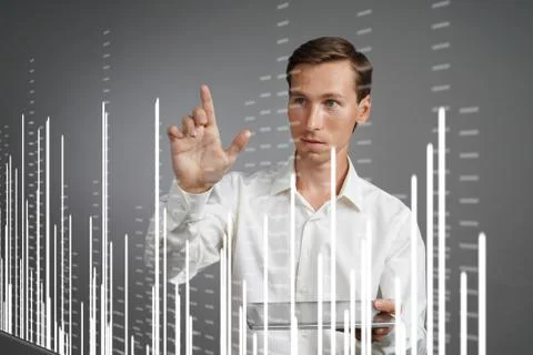 Finance data concept. Man working with Analytics. Chart graph information on Stock Photos