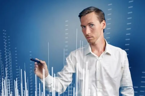 Finance data concept. Man working with Analytics. Chart graph information on Stock Photos