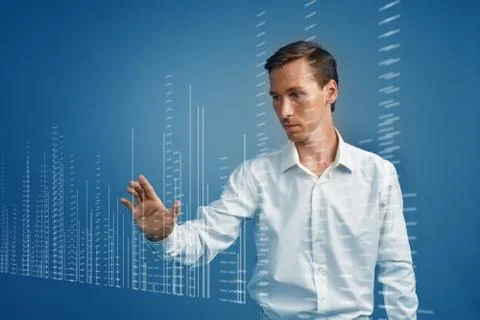 Finance data concept. Man working with Analytics. Chart graph information on Stock Photos