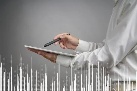 Finance data concept. Man working with Analytics. Chart graph information on Stock Photos