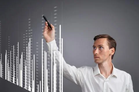 Finance data concept. Man working with Analytics. Chart graph information on Stock Photos