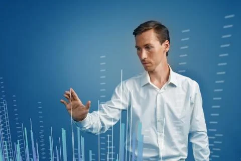 Finance data concept. Man working with Analytics. Chart graph information on Stock Photos