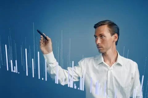 Finance data concept. Man working with Analytics. Chart graph information on Stock Photos