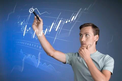 Finance data concept. Man working with Analytics. Chart graph information with Stock Photos