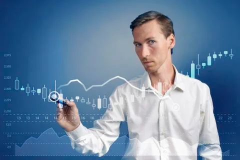 Finance data concept. Man working with Analytics. Chart graph information with Stock Photos
