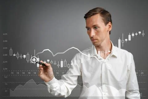 Finance data concept. Man working with Analytics. Chart graph information with Stock Photos