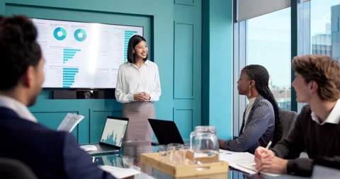 Finance, data or team in office with presentation, budget analysis or brief on Stock Footage 347908624