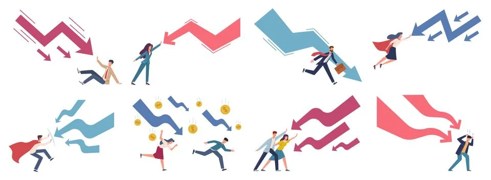 Finance decrease and crisis graph. Falling down business chart panic people try Stock Illustration