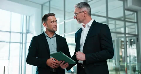 Finance, discussion or men in office with tablet, funding ideas or collaboration Stock Footage 341432254