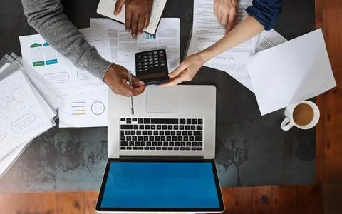 Finance, documents and couple hands with calculator, computer and data analysis 스톡 사진